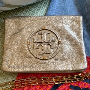 Tory Burch gold metallic clutch/ crossbody bag